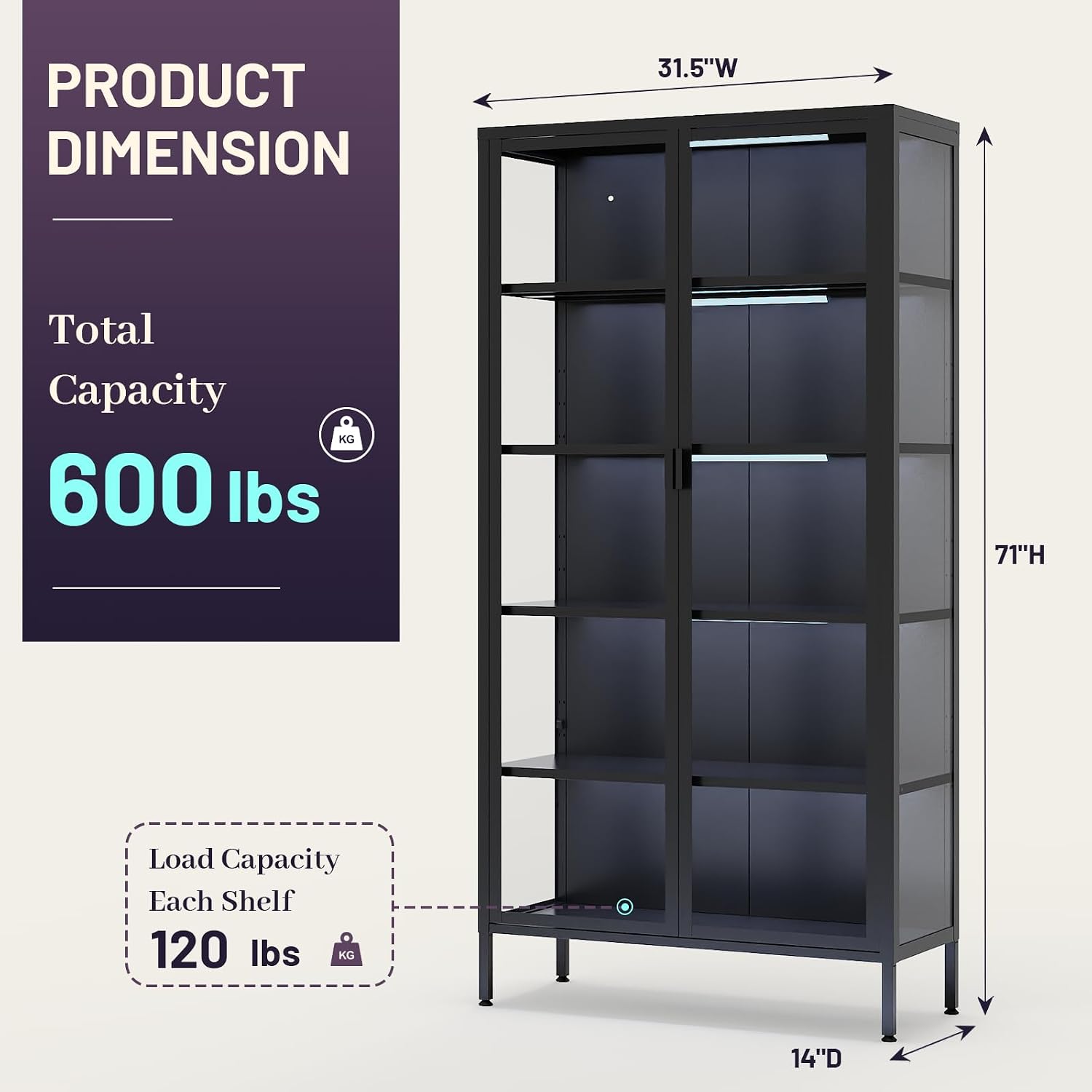 71" LED Glass Display Cabinet with Adjustable Shelves