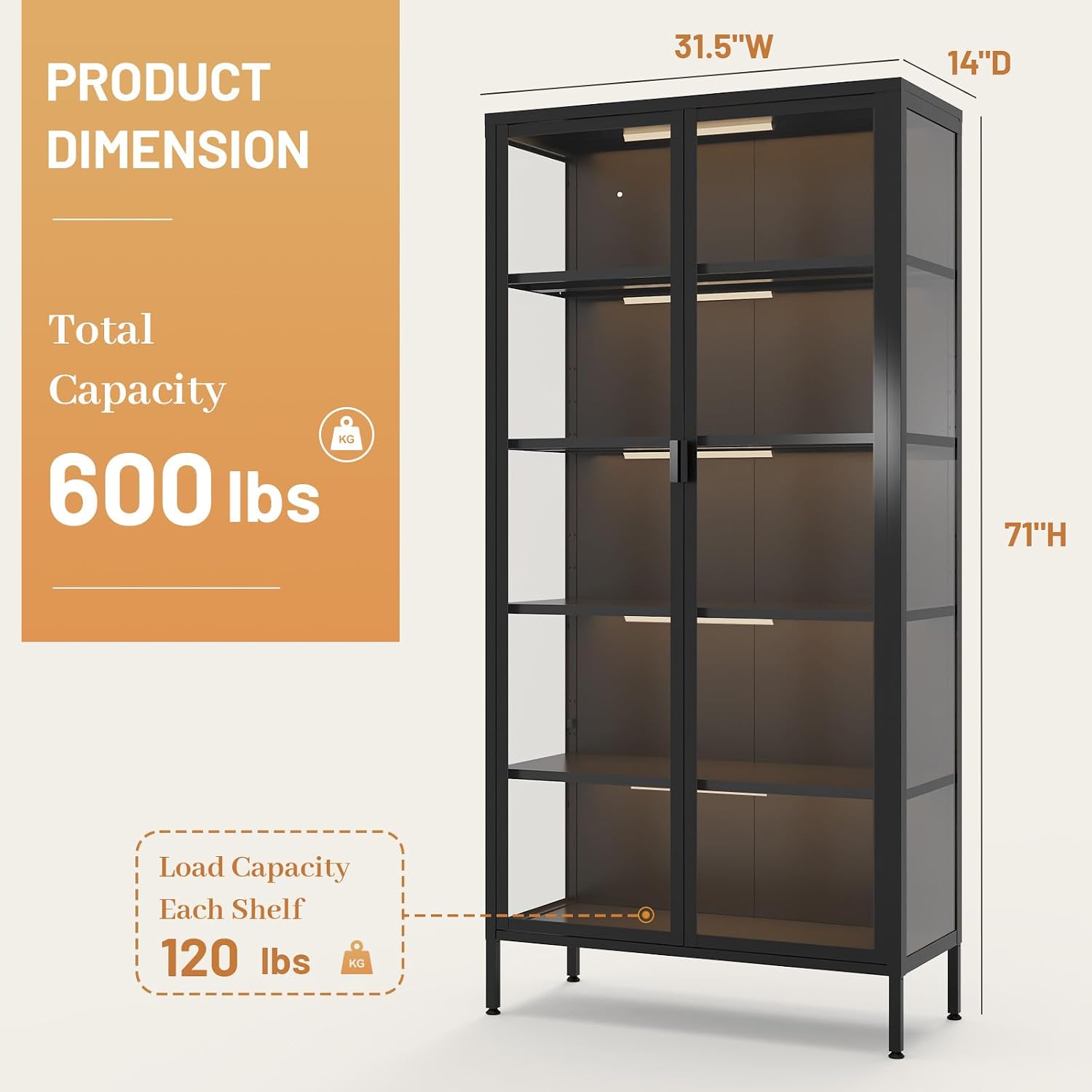 71" 5-Tier LED Glass Display Cabinet