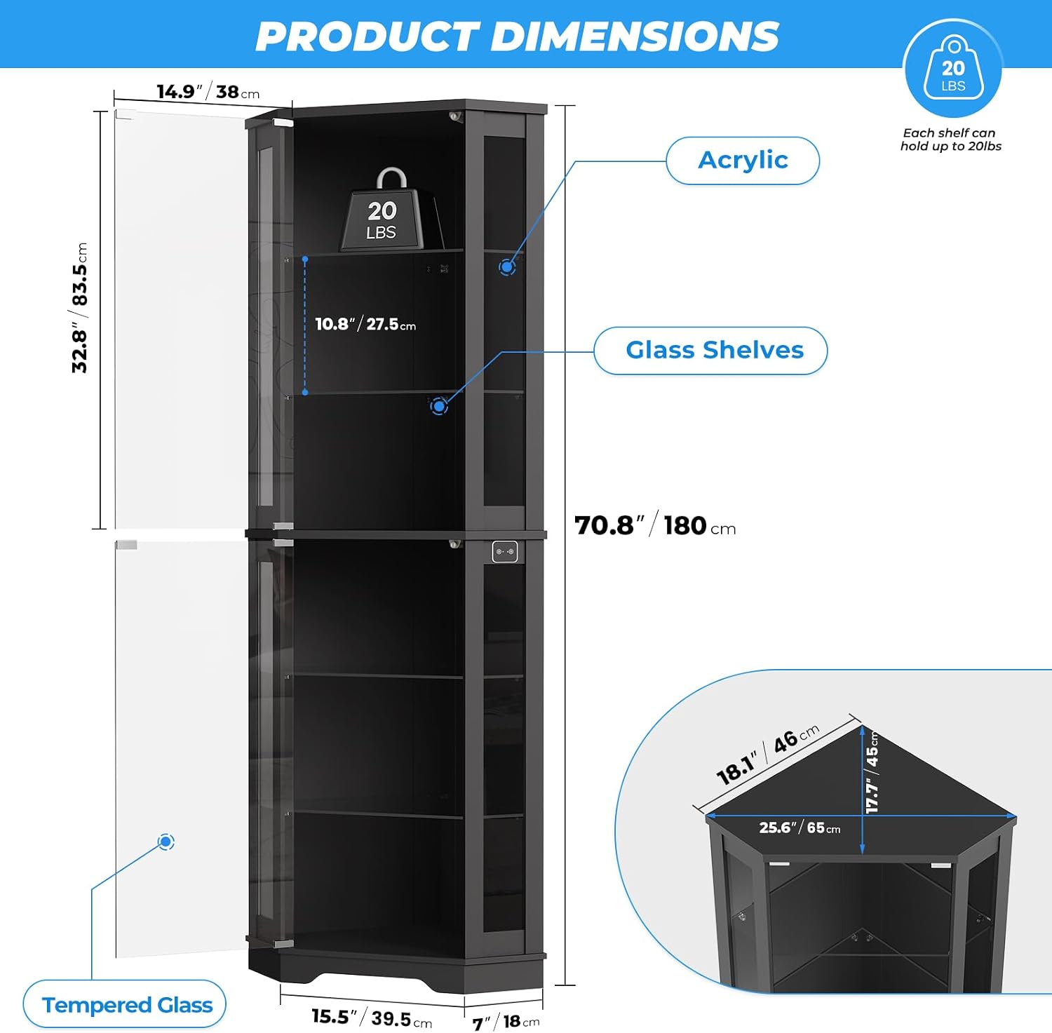 71" Black 6-Tier LED Corner Glass Display Cabinet