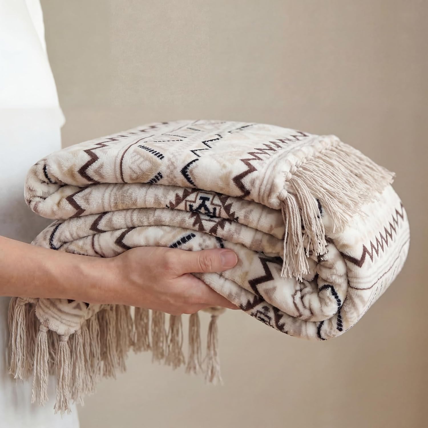 50x60 Beige Gray Boho Tassel Blanket