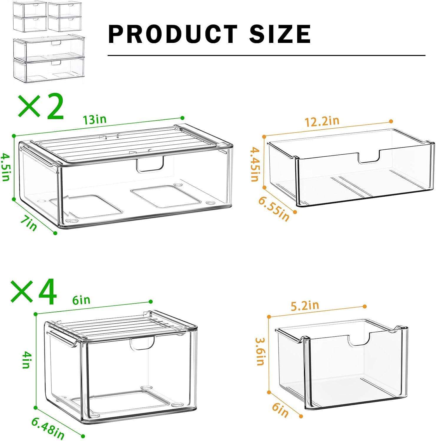 6 Pack Clear Acrylic Stackable Storage Drawers