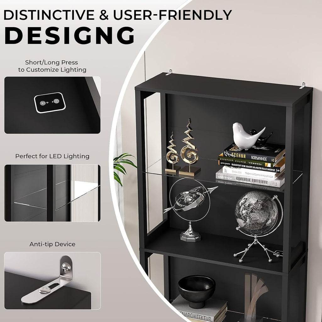 4-Tier Black LED Glass Display Cabinet