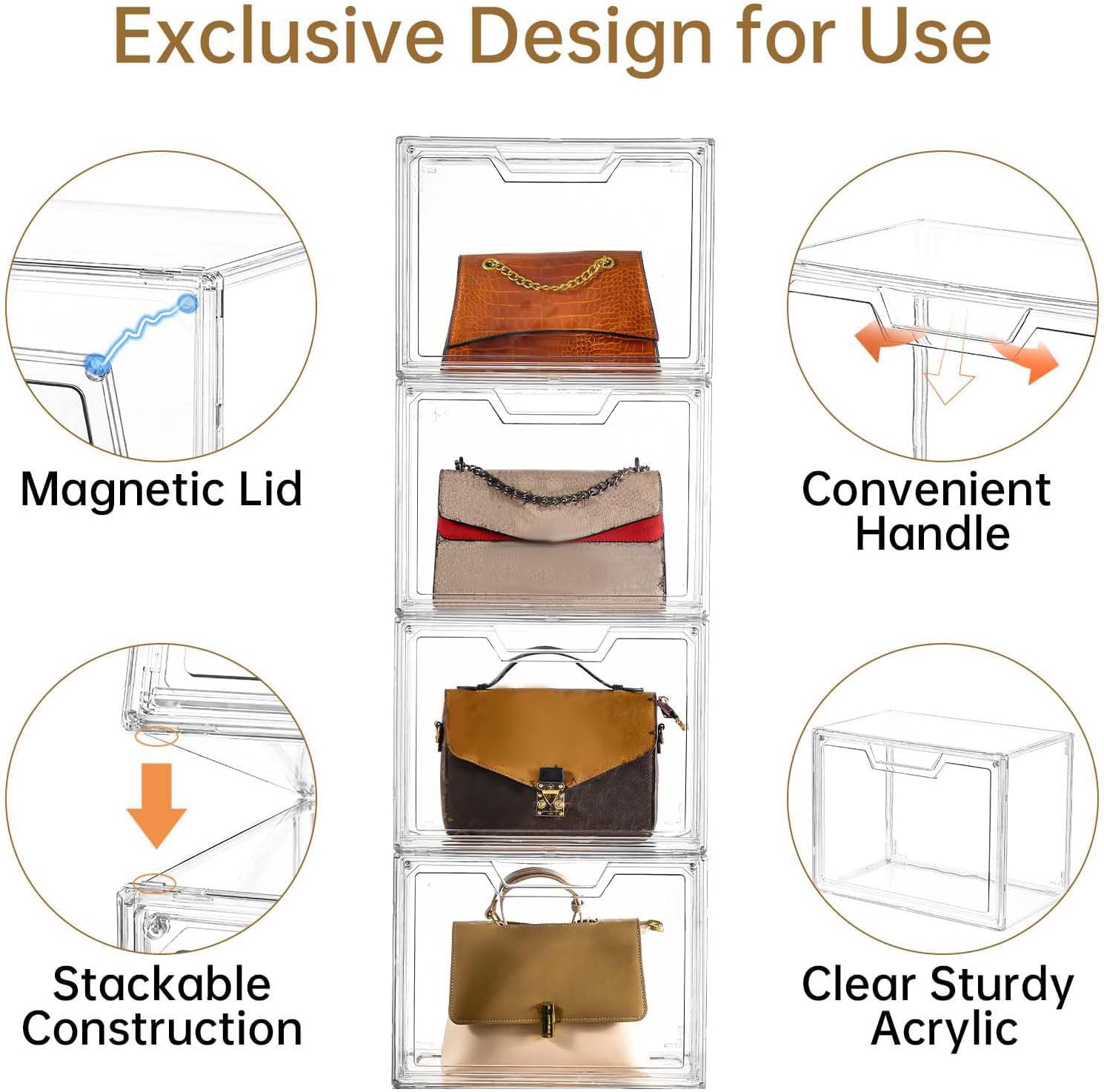 5 Pack Clear Acrylic Purse Storage Display Cases