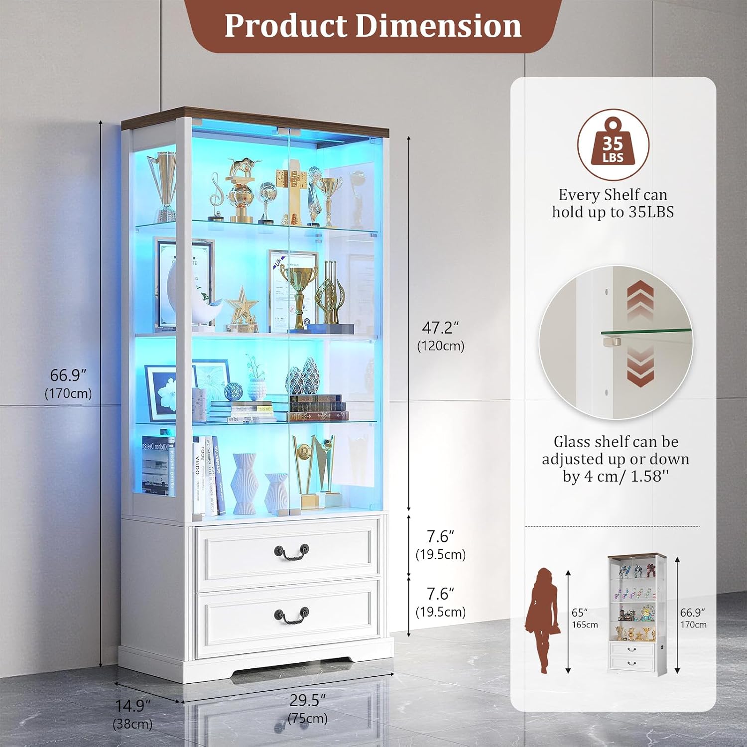 67" LED Glass Display Cabinet with 2 Drawers