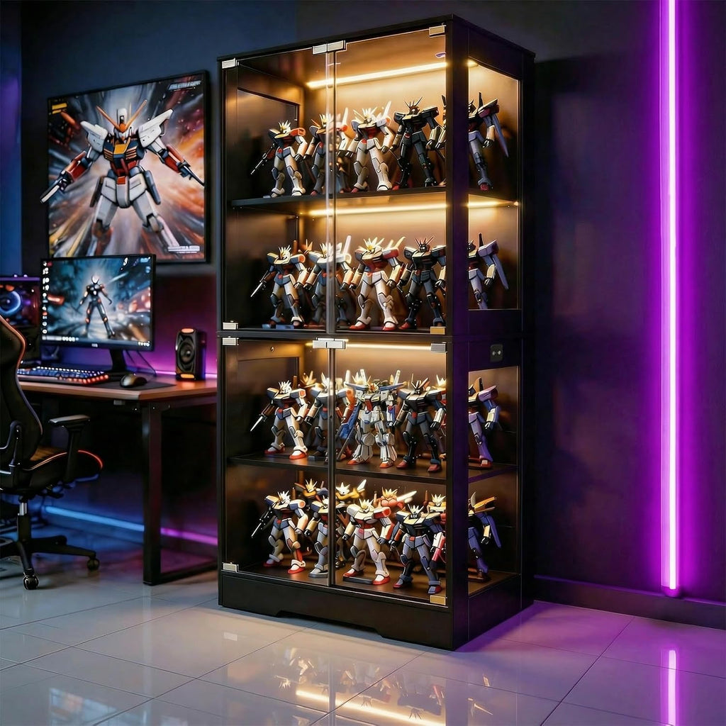 4-Tier Black LED Glass Display Cabinet