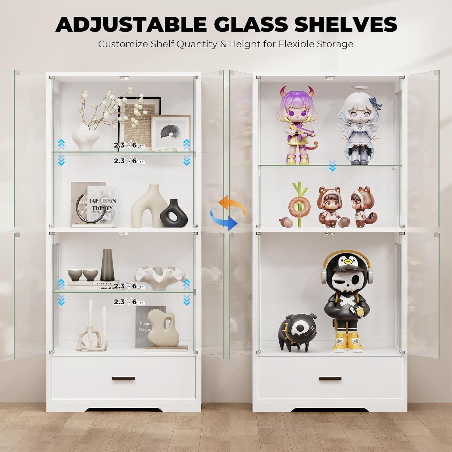 4-Tier White LED Glass Display Cabinet with Drawer