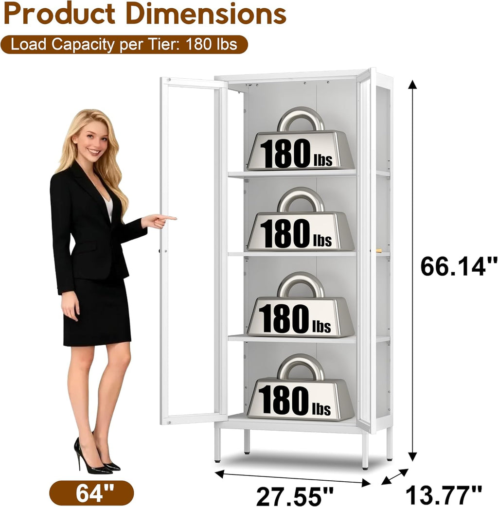 4-Tier White Metal Glass Display Cabinet