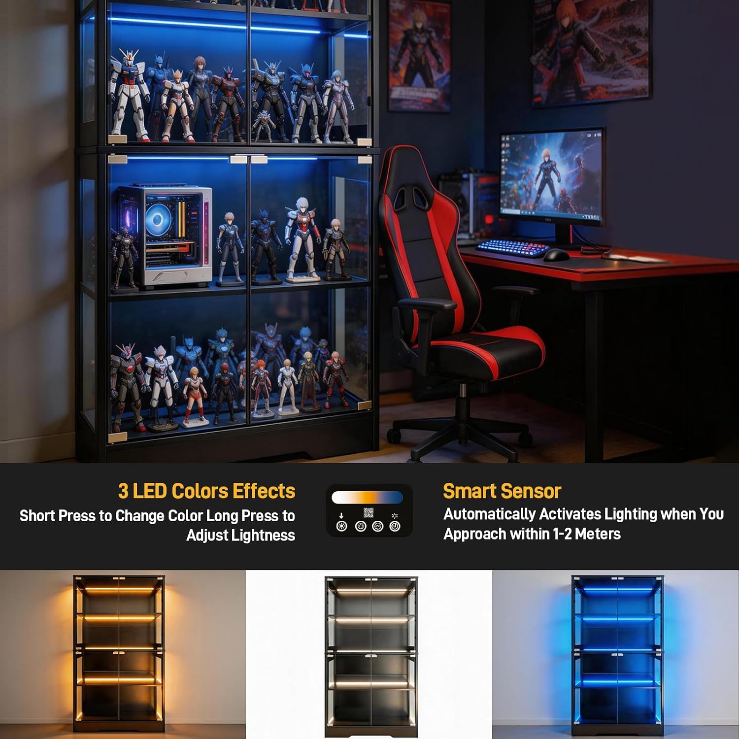4-Tier Black LED Glass Display Cabinet