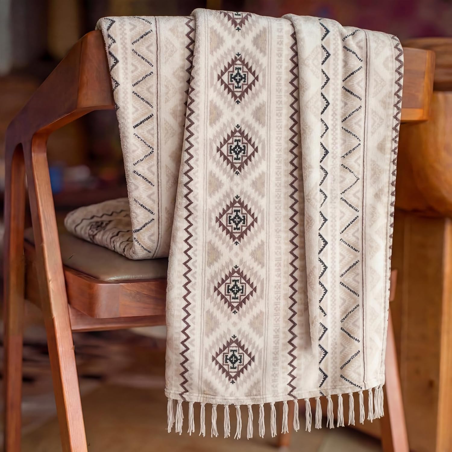 50x60 Beige Gray Boho Tassel Blanket