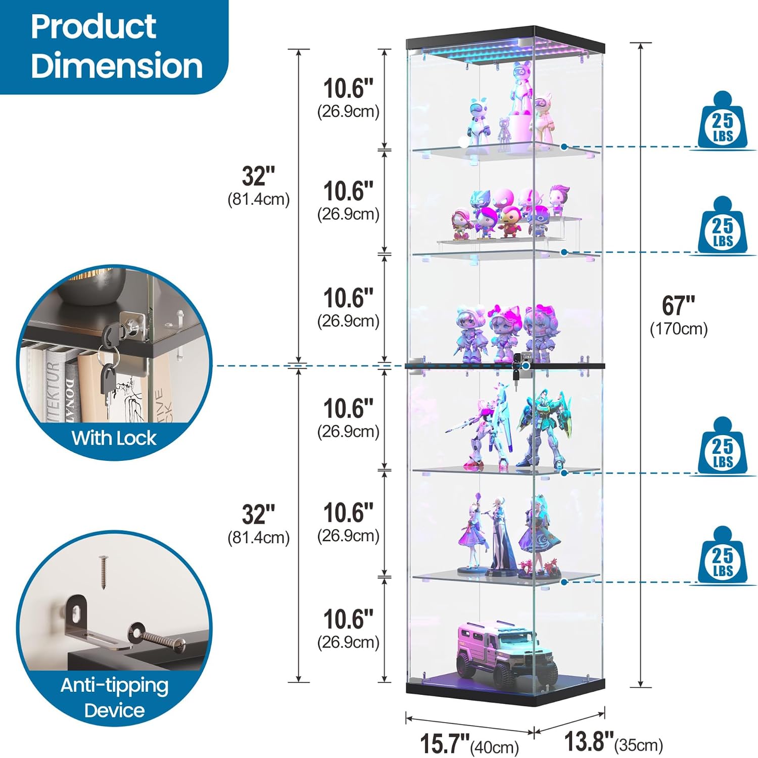 66.9" Black RGB Locking Glass Display Cabinet