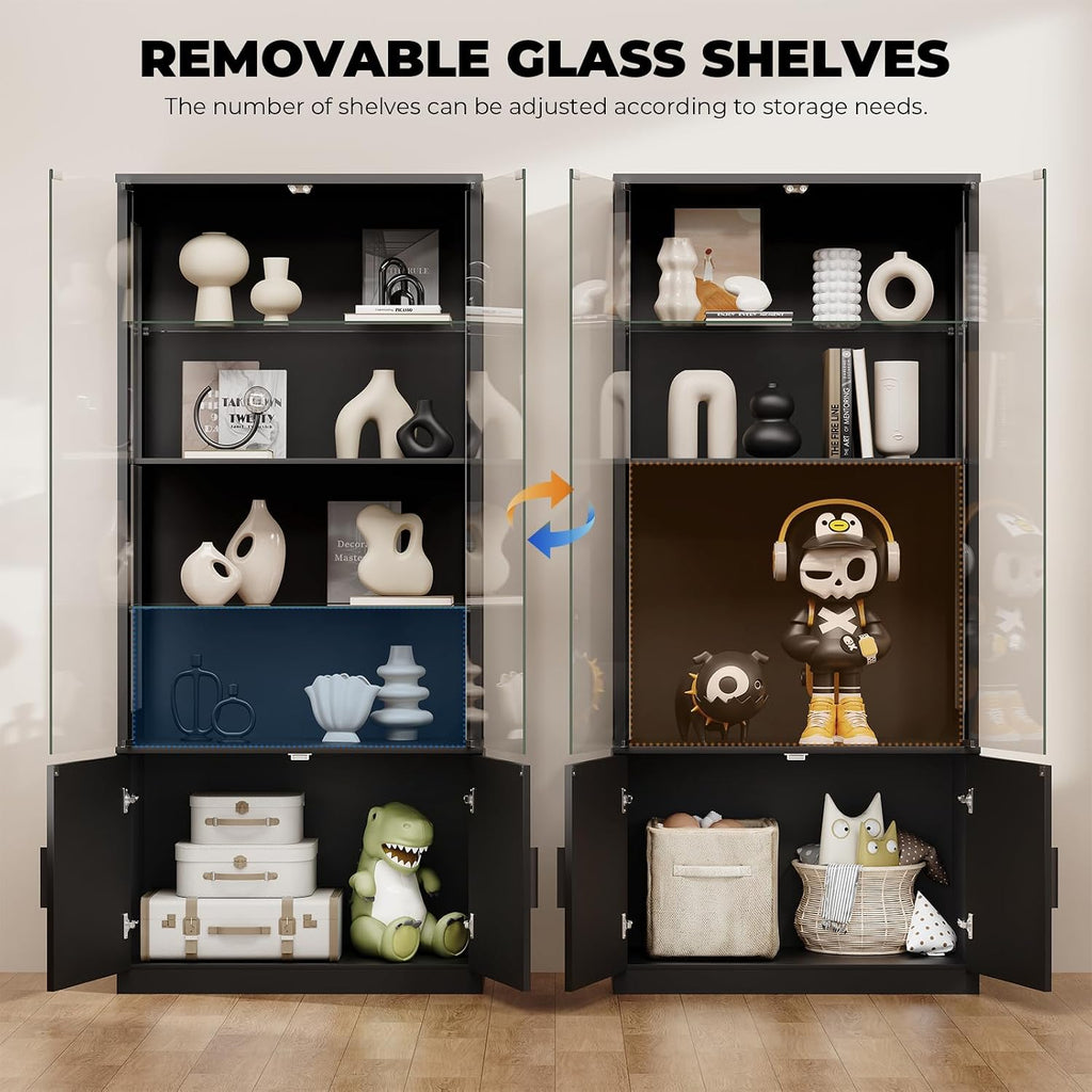 67" Black 4-Tier Glass Display Cabinet