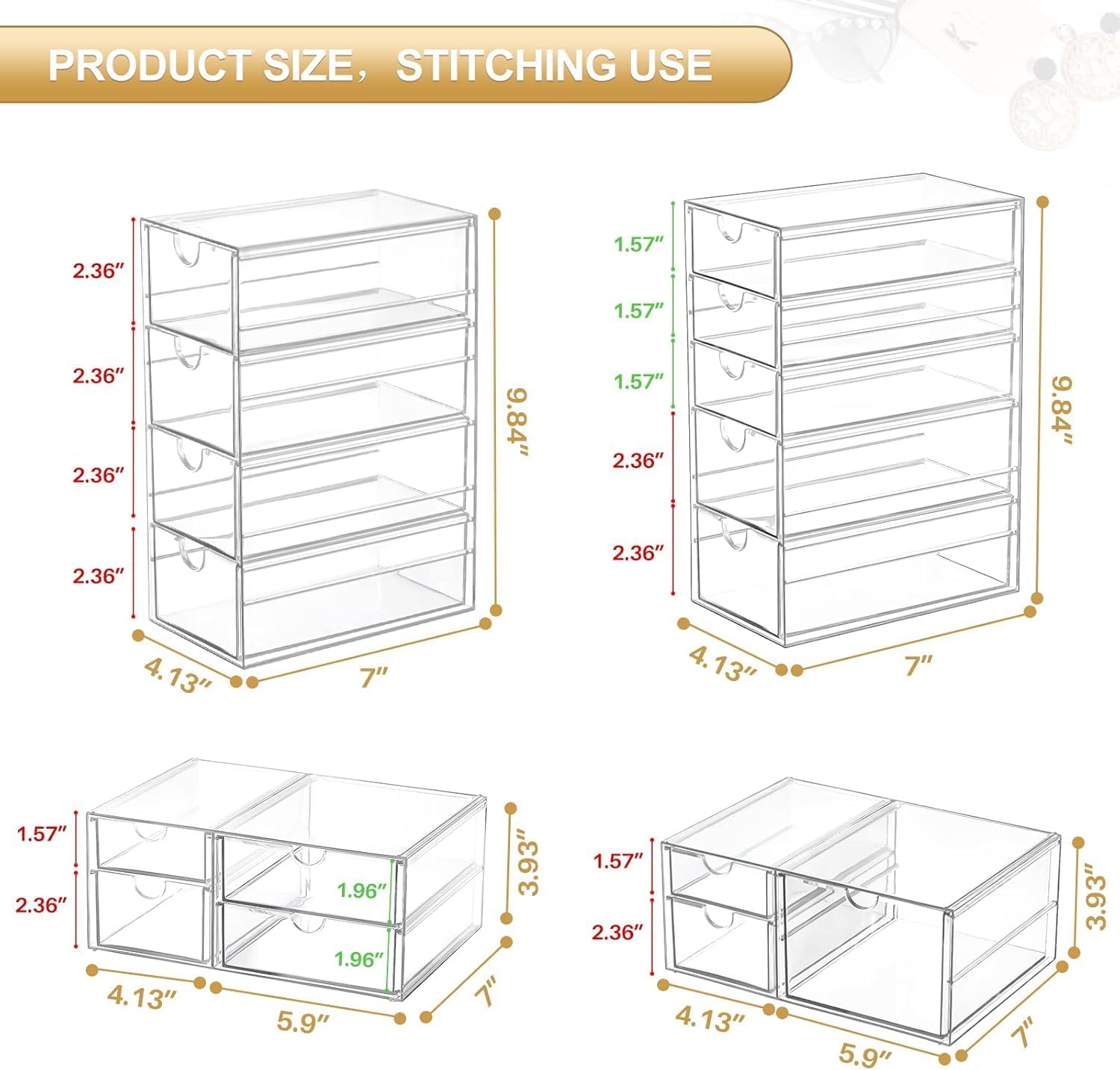 4 Pack 16 Drawers Clear Makeup Storage Organizer