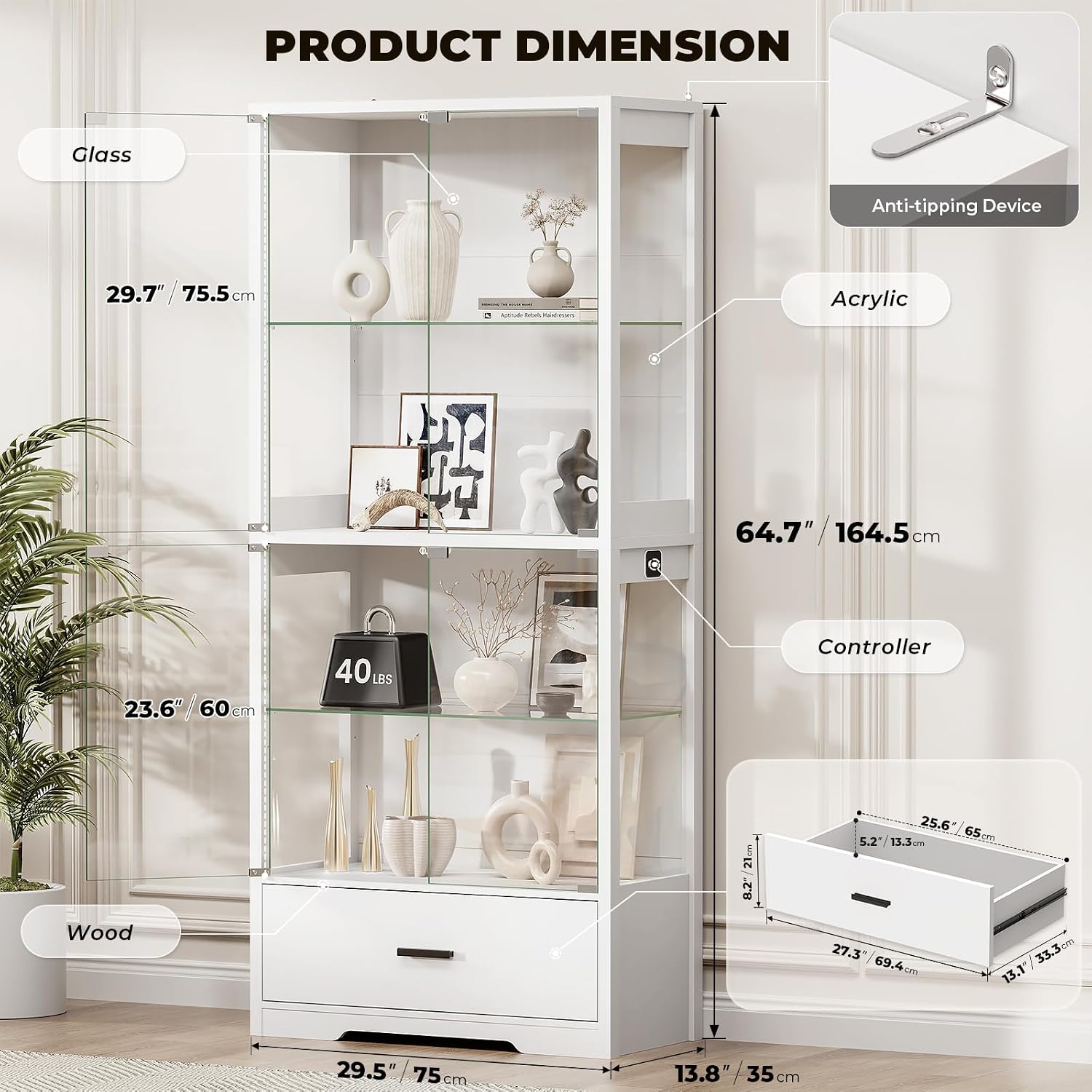 4-Tier White LED Glass Display Cabinet with Drawer