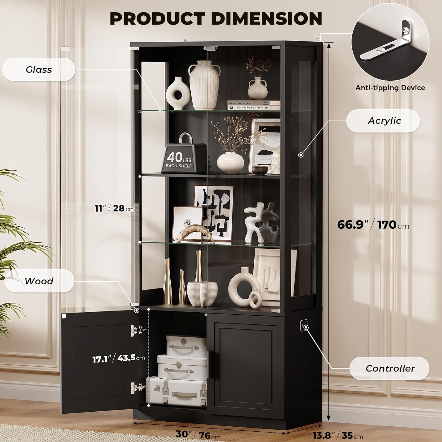 67" Black 4-Tier Glass Display Cabinet