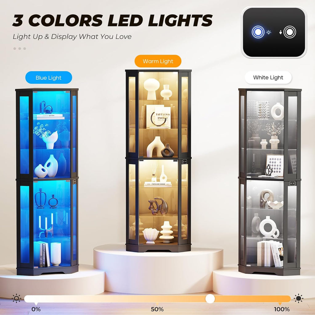 71" Black 6-Tier LED Corner Glass Display Cabinet