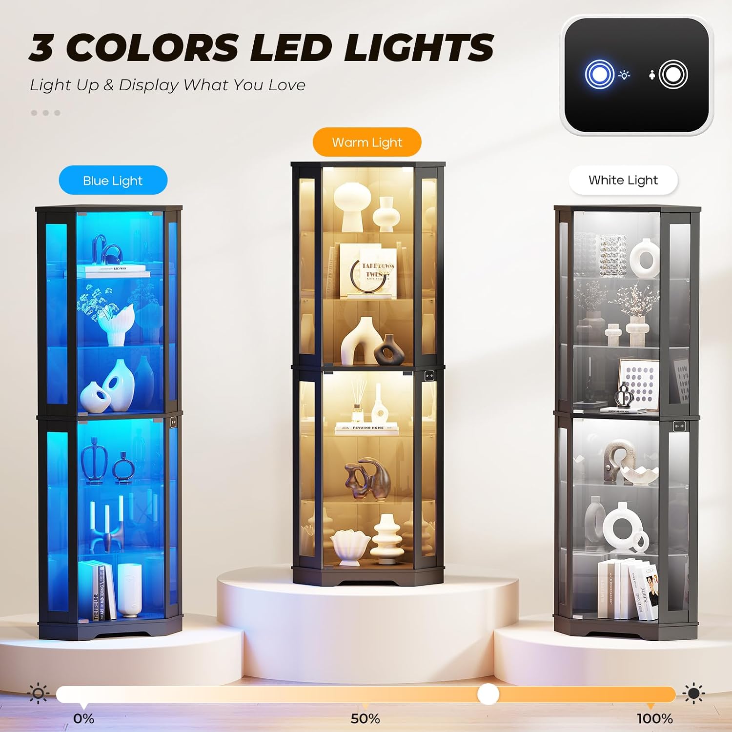 71" Black 6-Tier LED Corner Glass Display Cabinet