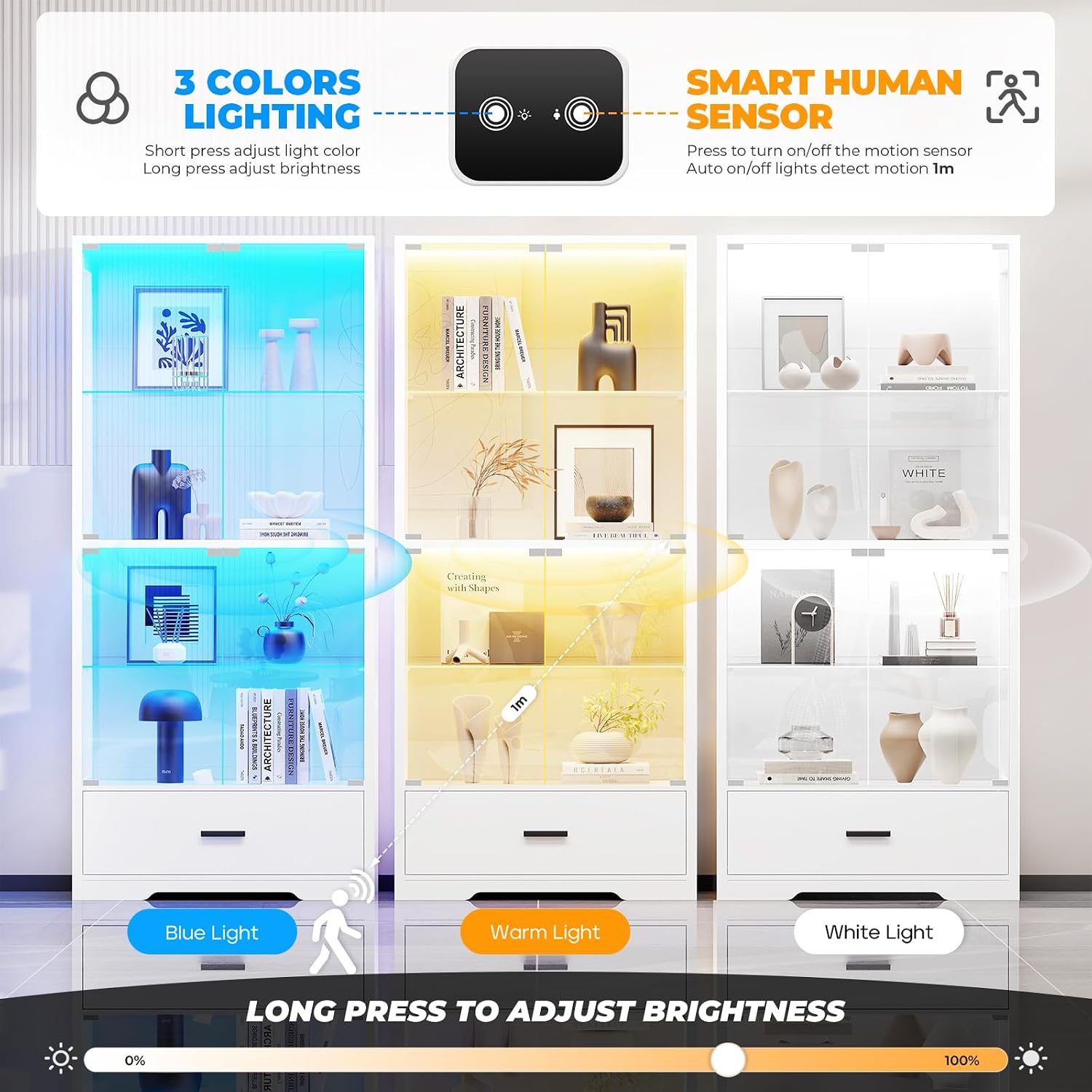 4-Tier White LED Glass Display Cabinet with Drawer