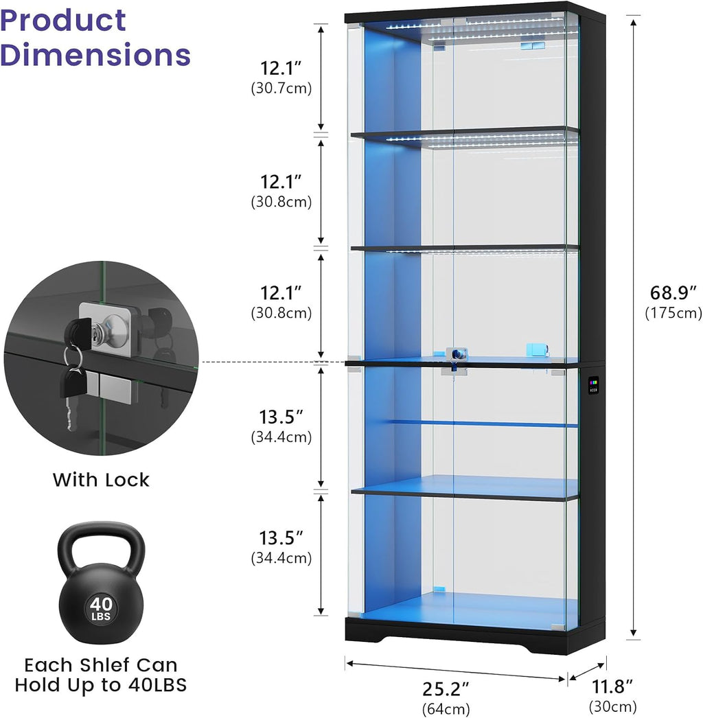 69" Black RGB Lockable Glass Display Cabinet