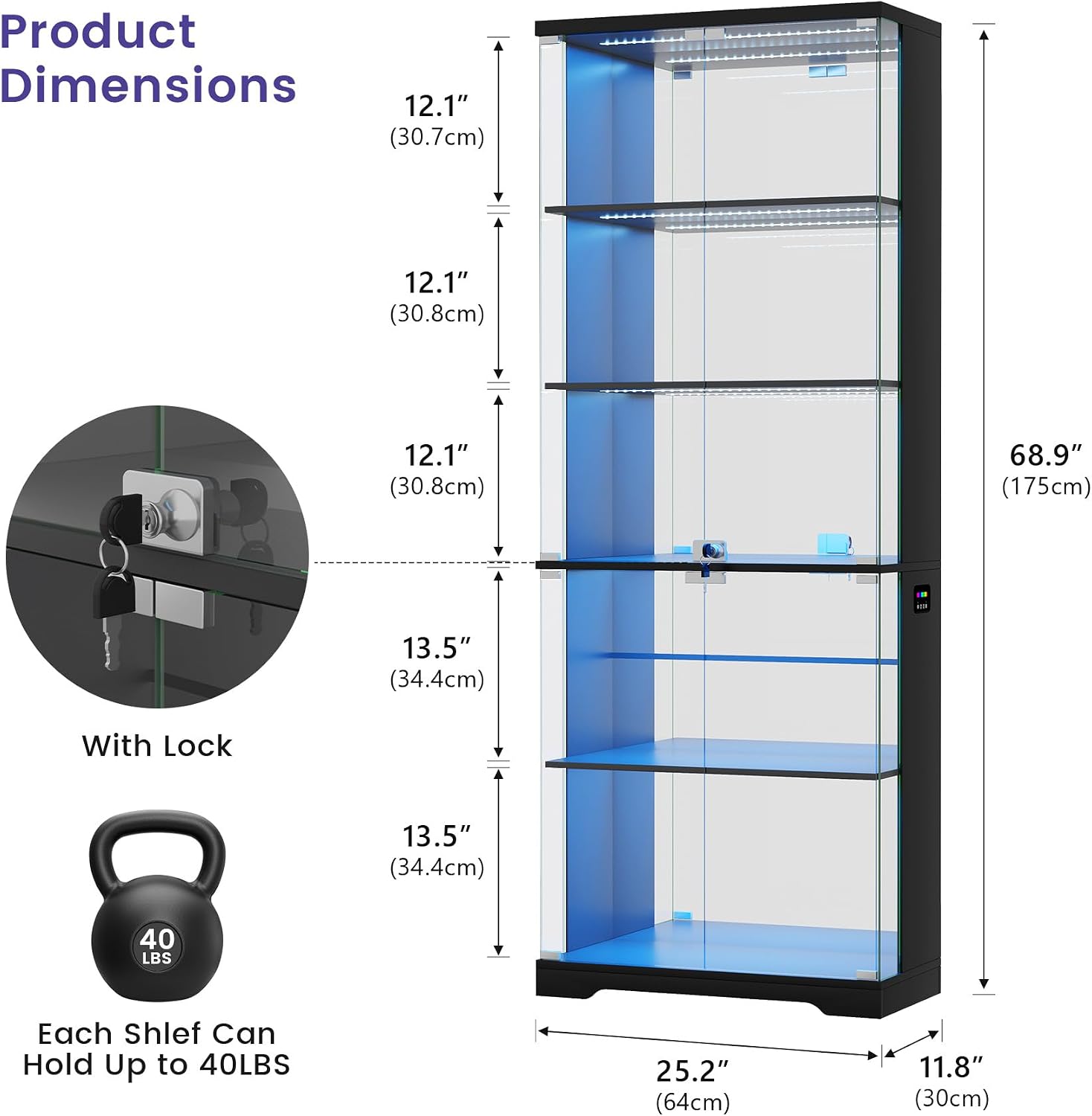 69" Black RGB Lockable Glass Display Cabinet