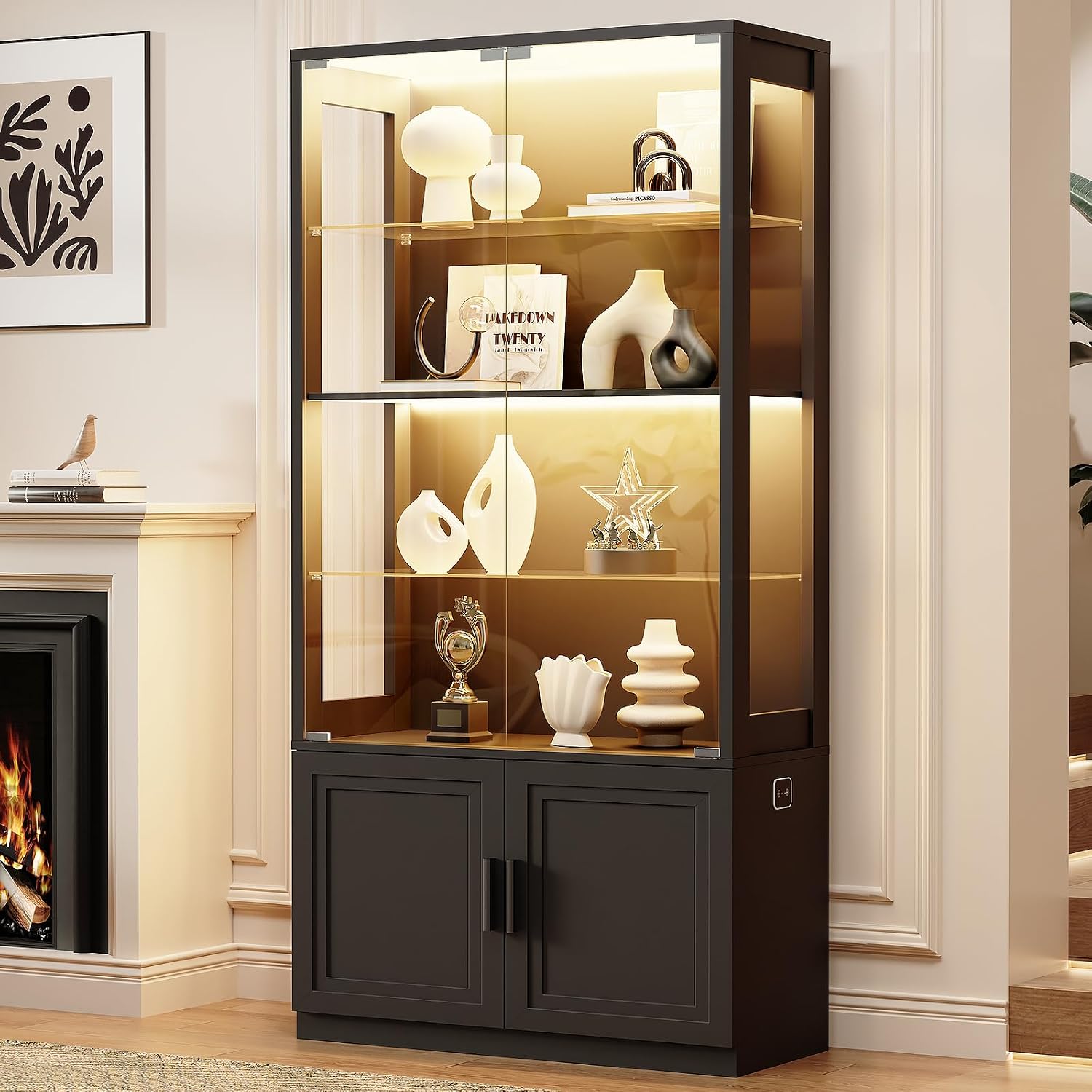 67" Black 4-Tier Glass Display Cabinet