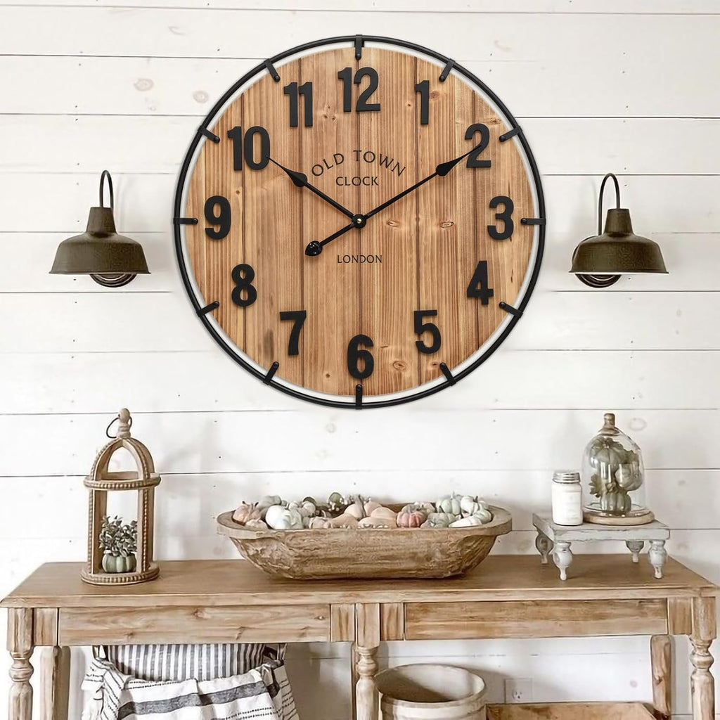 24" Antique Wood Metal Farmhouse Clock