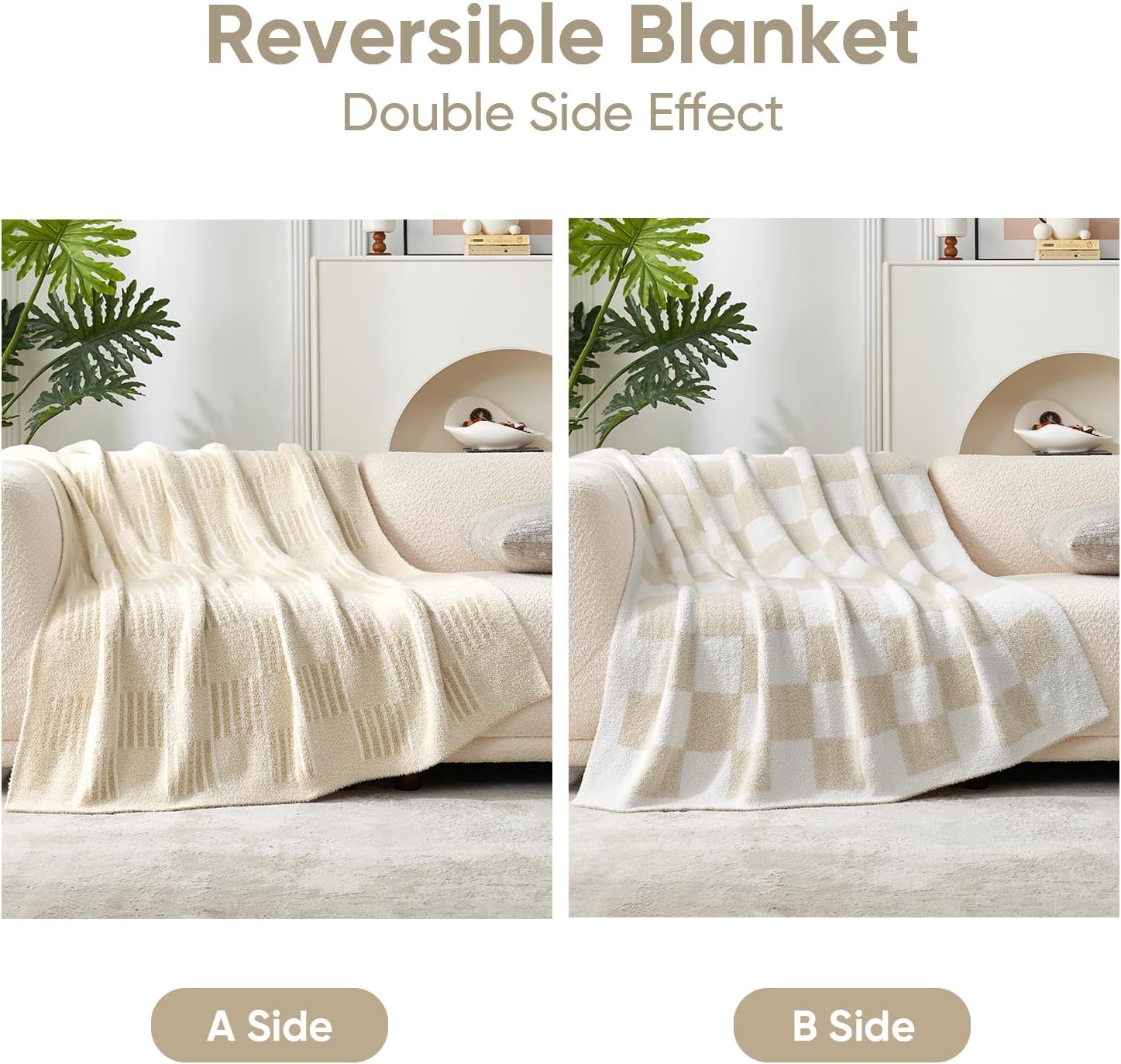 50x60 Cream Reversible Plaid Throw