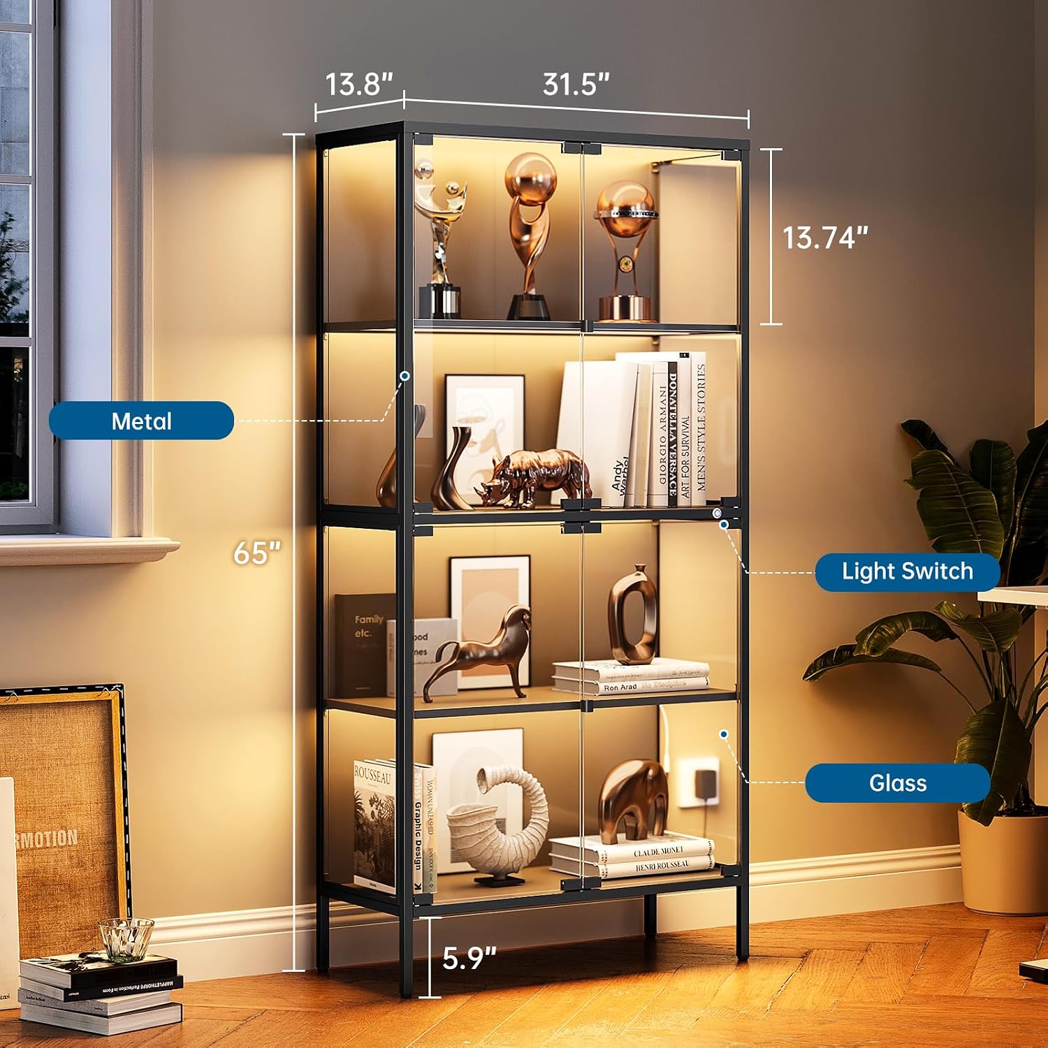 65" Black LED Metal Frame Glass Display Cabinet