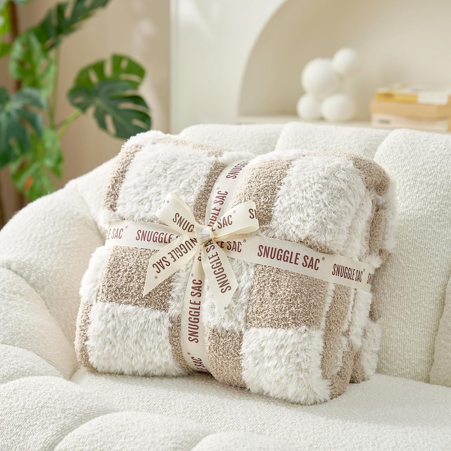 50x60 Beige Plaid Faux Fur Throw