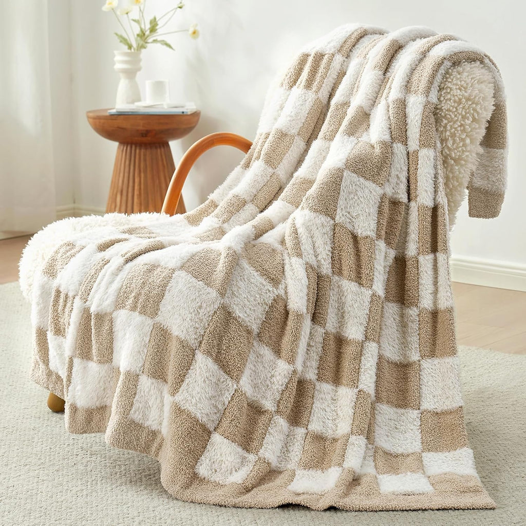 50x60 Beige Plaid Faux Fur Throw