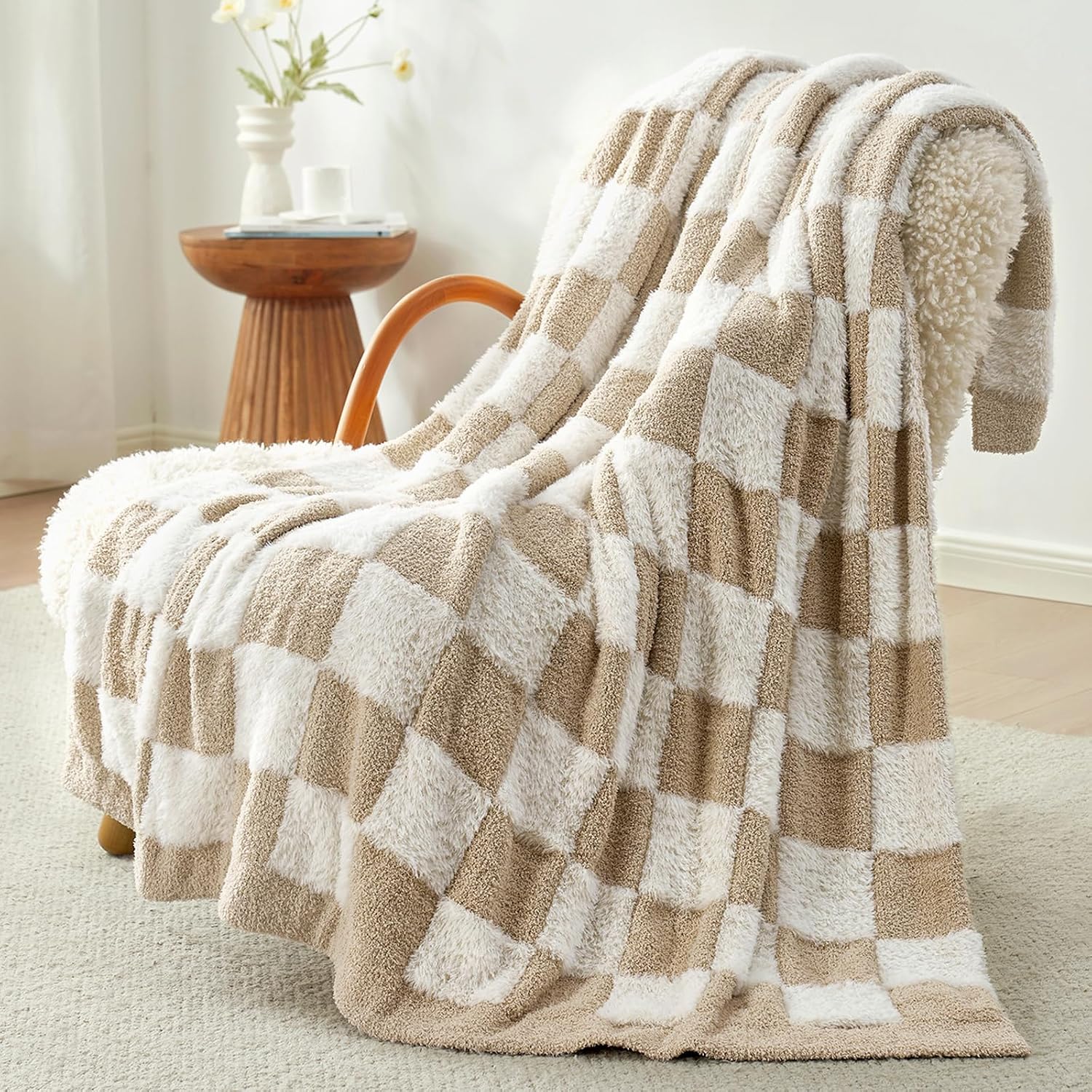 50x60 Beige Plaid Faux Fur Throw