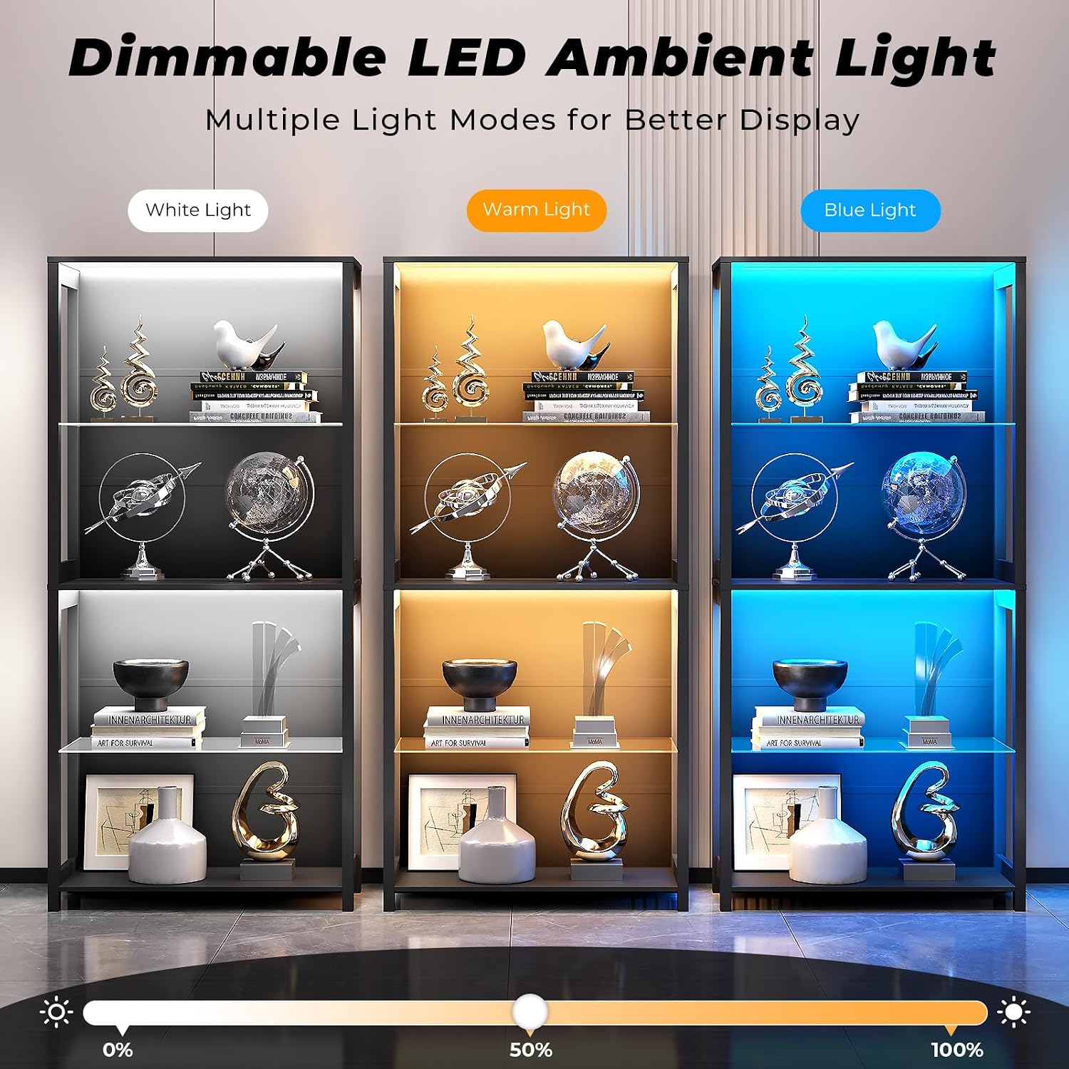 4-Tier Black LED Glass Display Cabinet