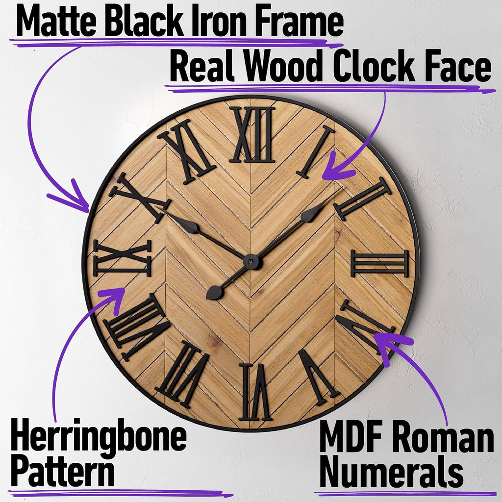 24" Wood Metal Roman Numeral Wall Clock