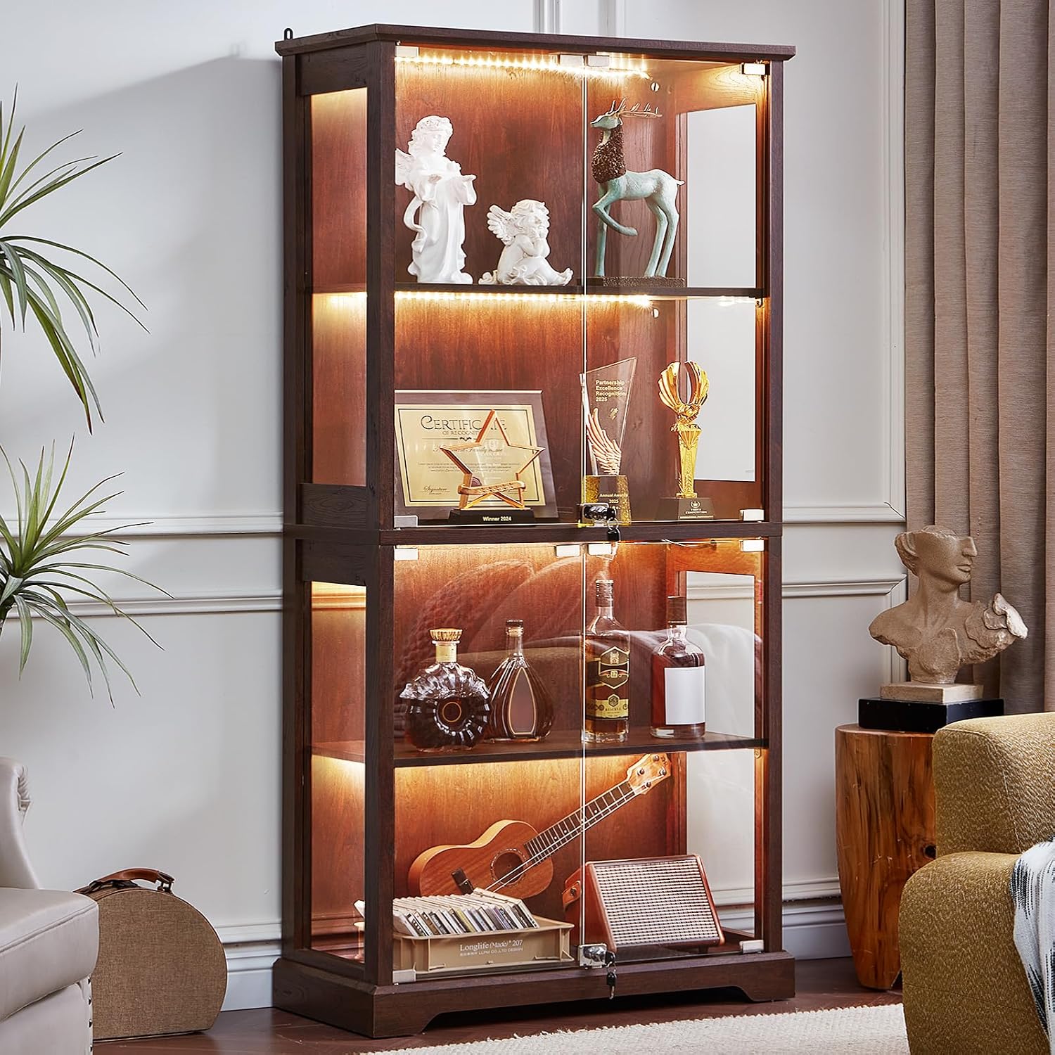 Walnut Farmhouse LED Glass Display Cabinet