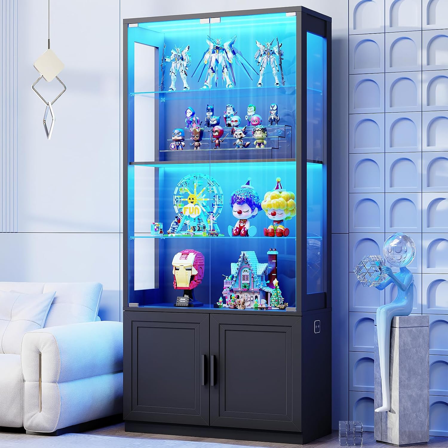 67" Black 4-Tier Glass Display Cabinet