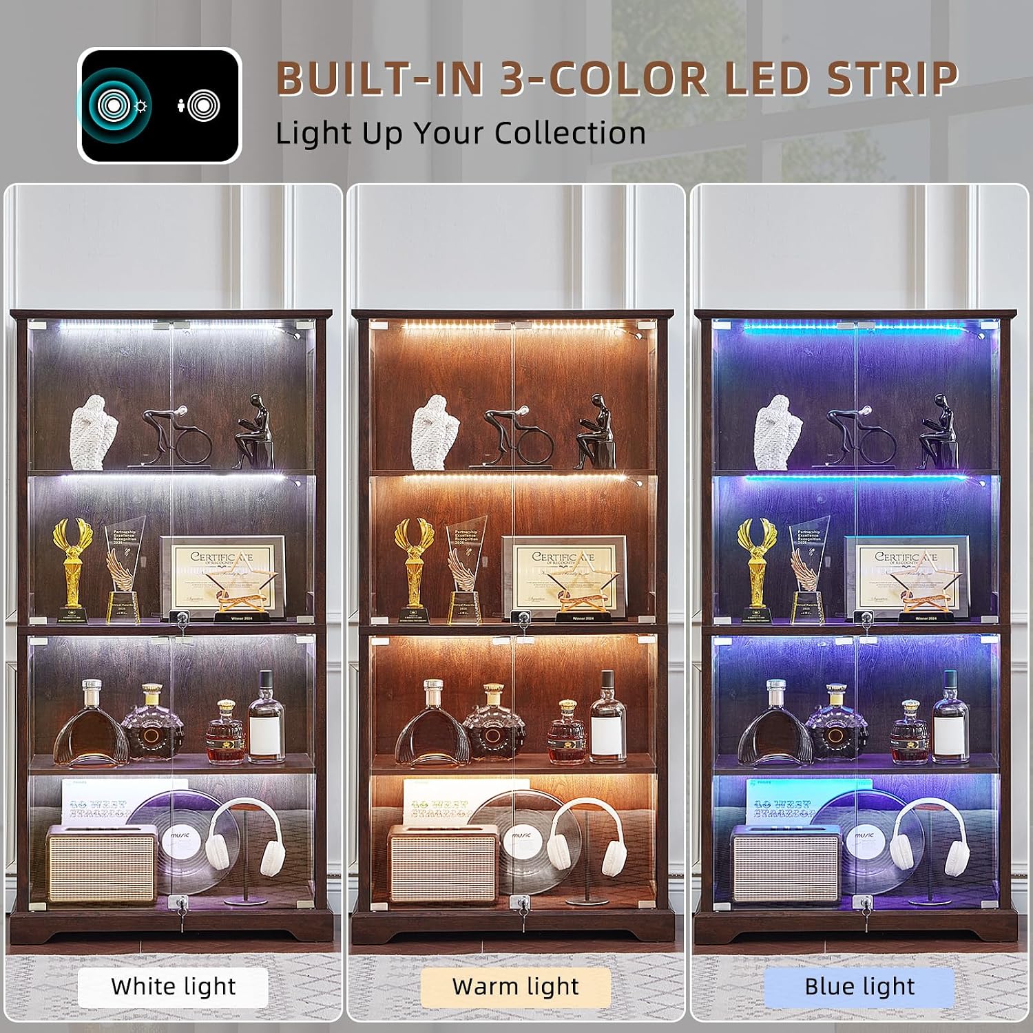 Walnut Farmhouse LED Glass Display Cabinet