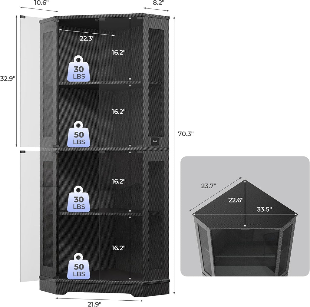 71" Black Carbon Fiber LED Corner Glass Display Cabinet