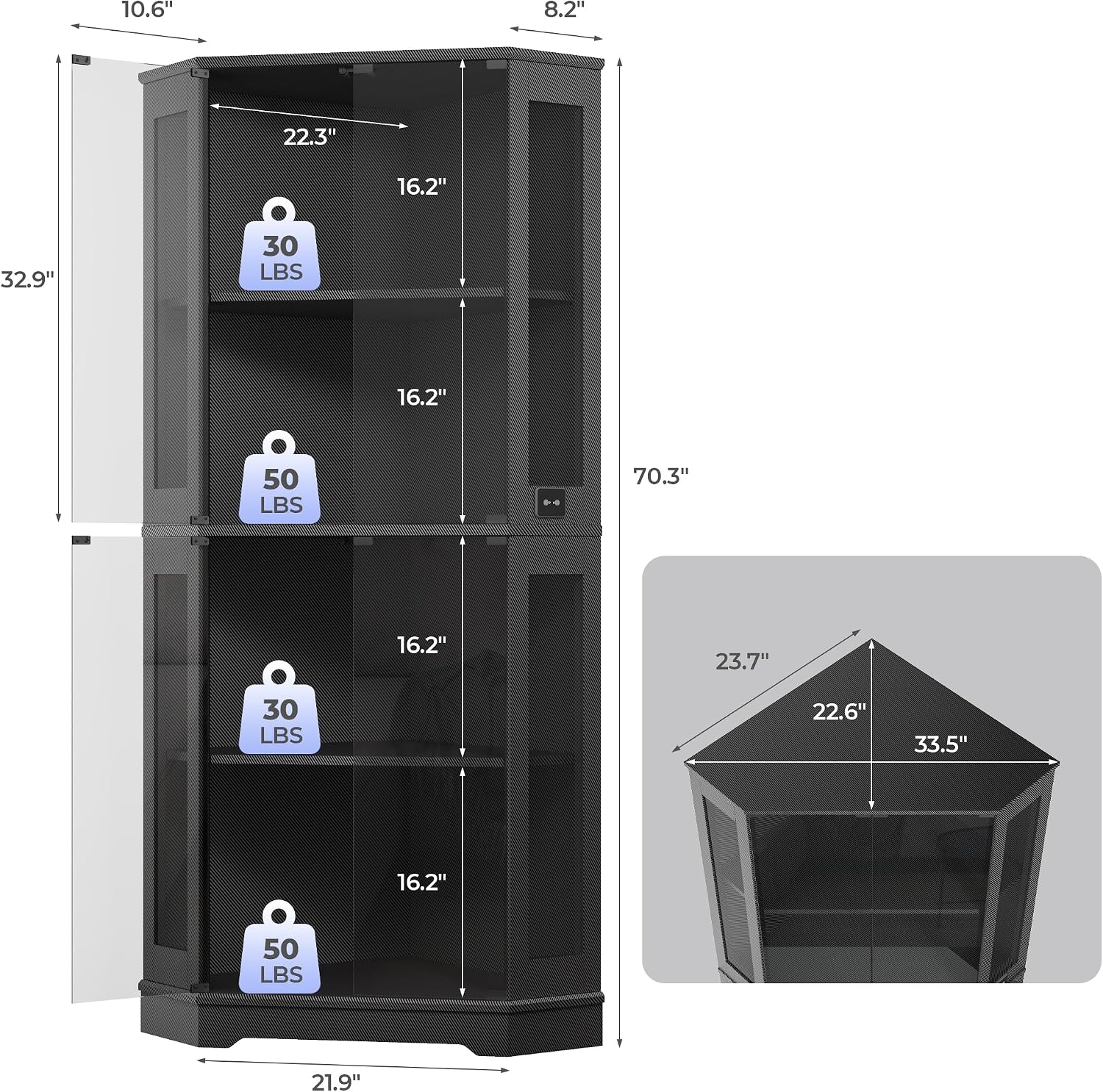 71" Black Carbon Fiber LED Corner Glass Display Cabinet