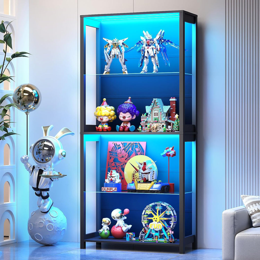 4-Tier Black LED Glass Display Cabinet