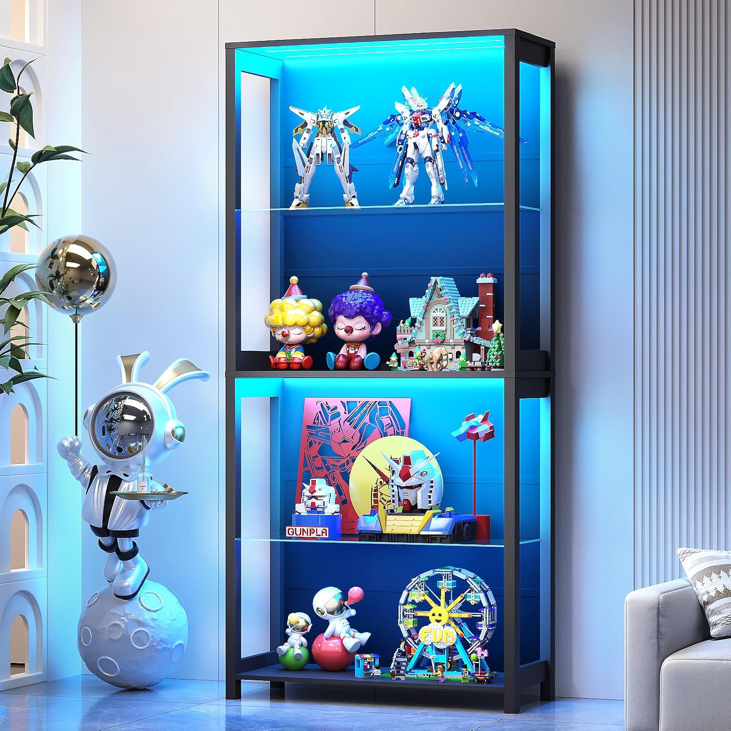 4-Tier Black LED Glass Display Cabinet