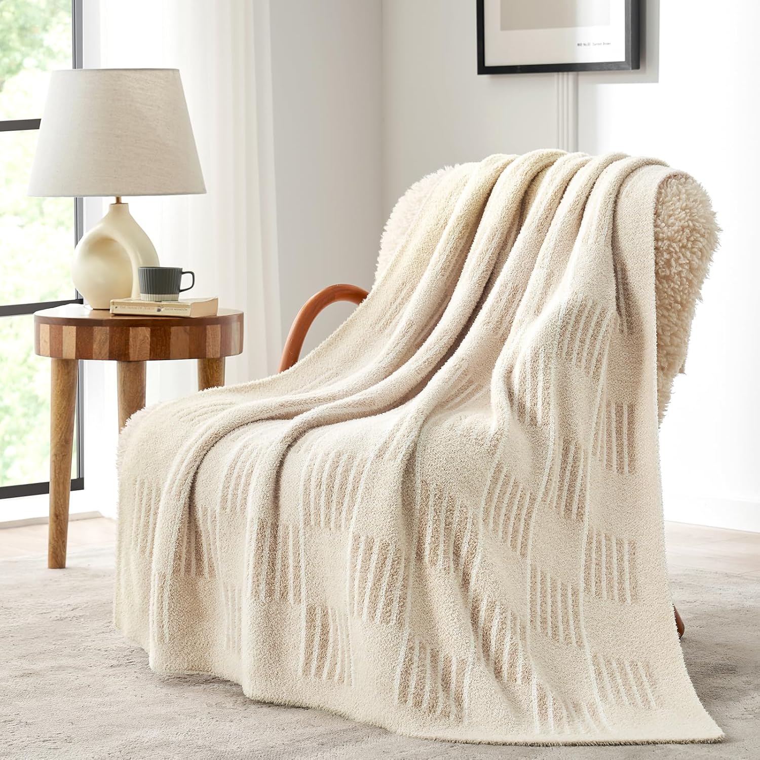 50x60 Cream Reversible Plaid Throw