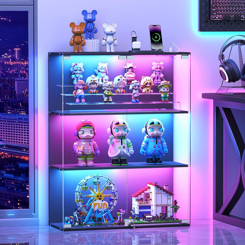 3-Tier Black RGB Lockable Glass Display Cabinet