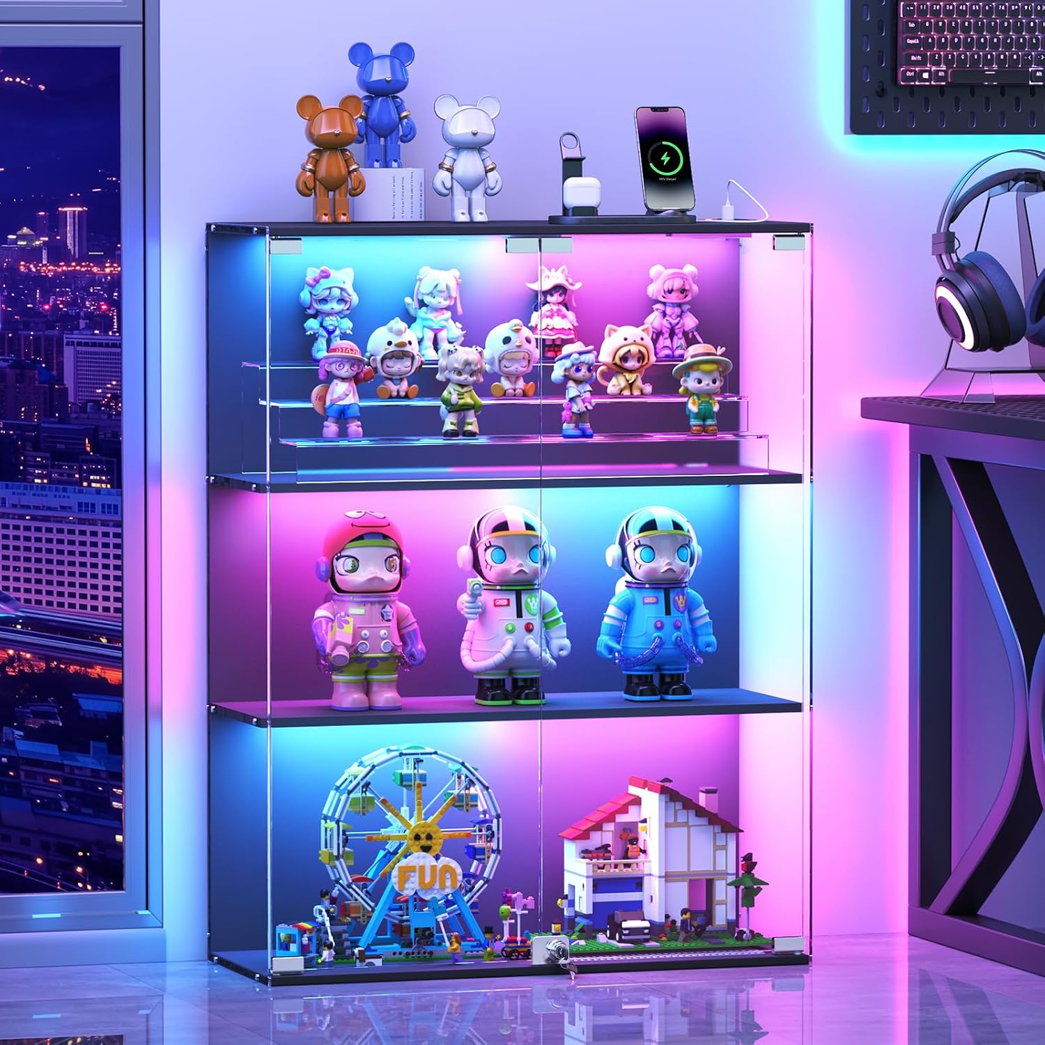 3-Tier Black RGB Lockable Glass Display Cabinet