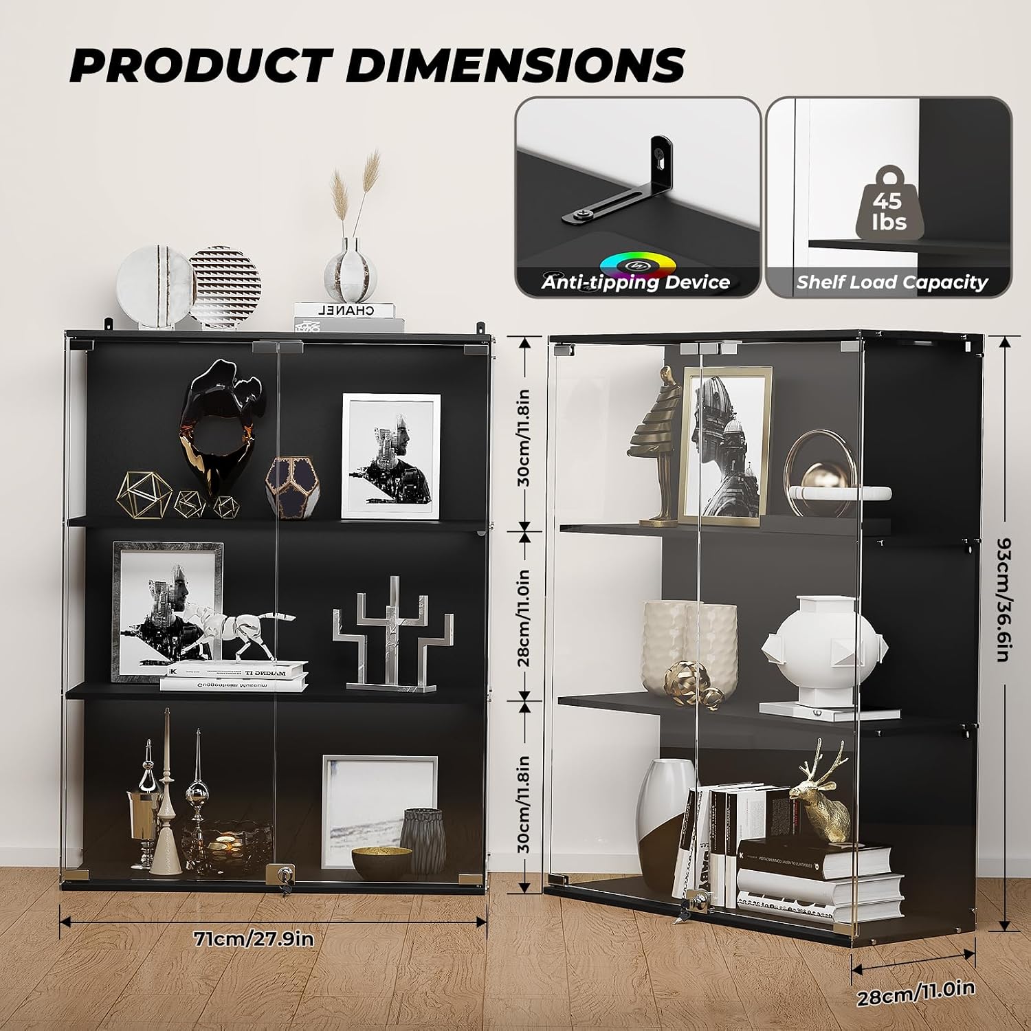 3-Tier Black RGB Lockable Glass Display Cabinet