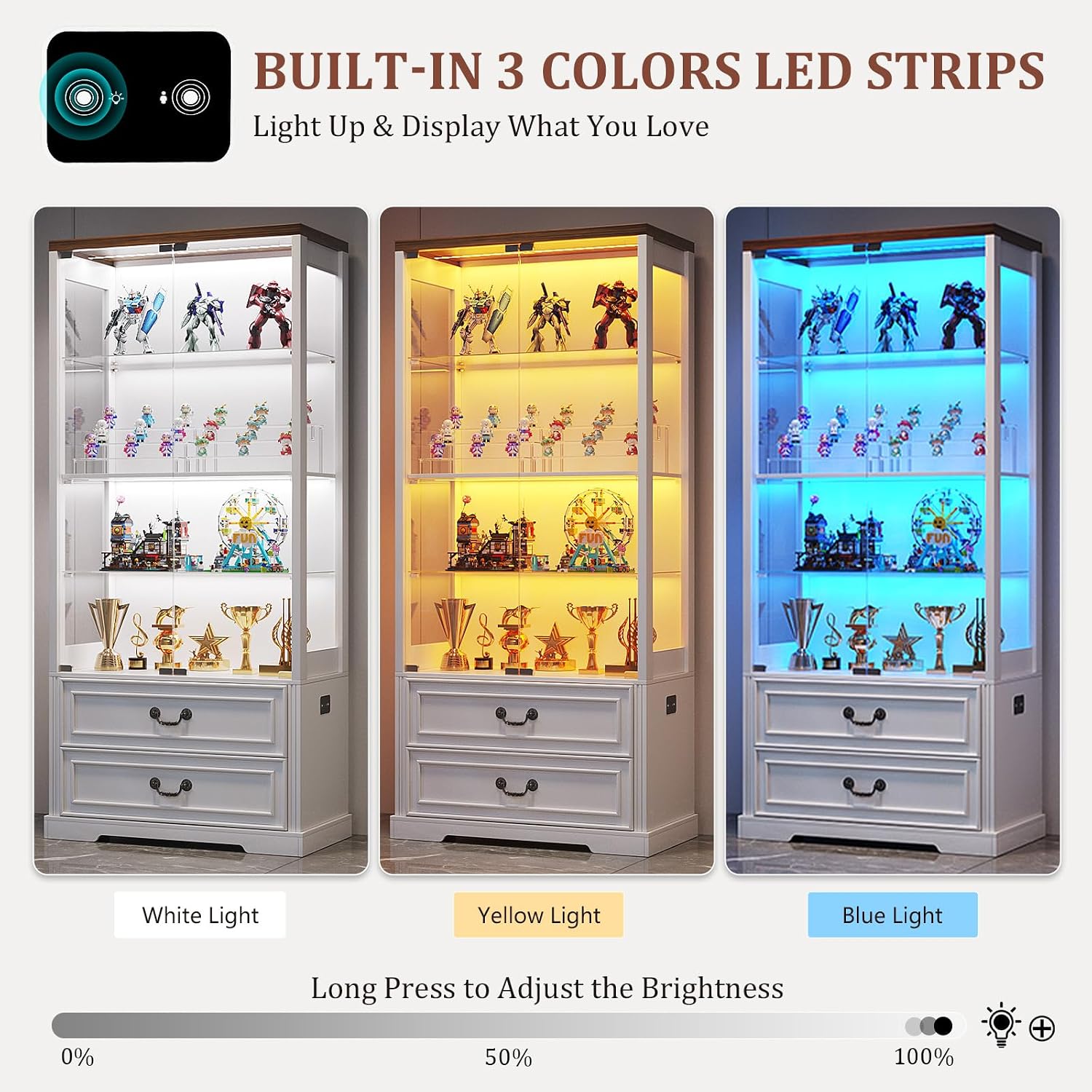 67" LED Glass Display Cabinet with 2 Drawers