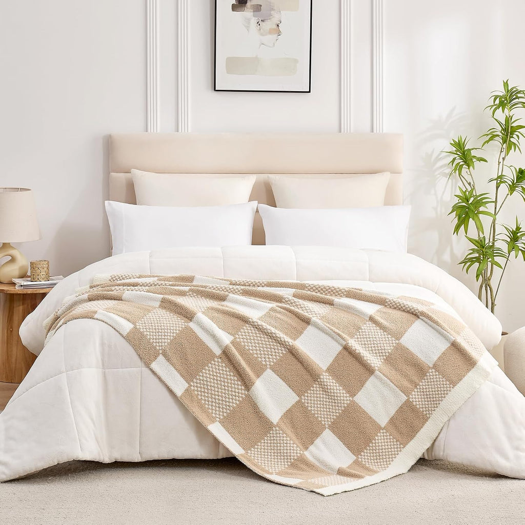 50x60 Beige Plaid Soft Throw Blanket