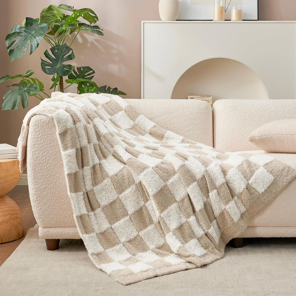 50x60 Beige Plaid Faux Fur Throw