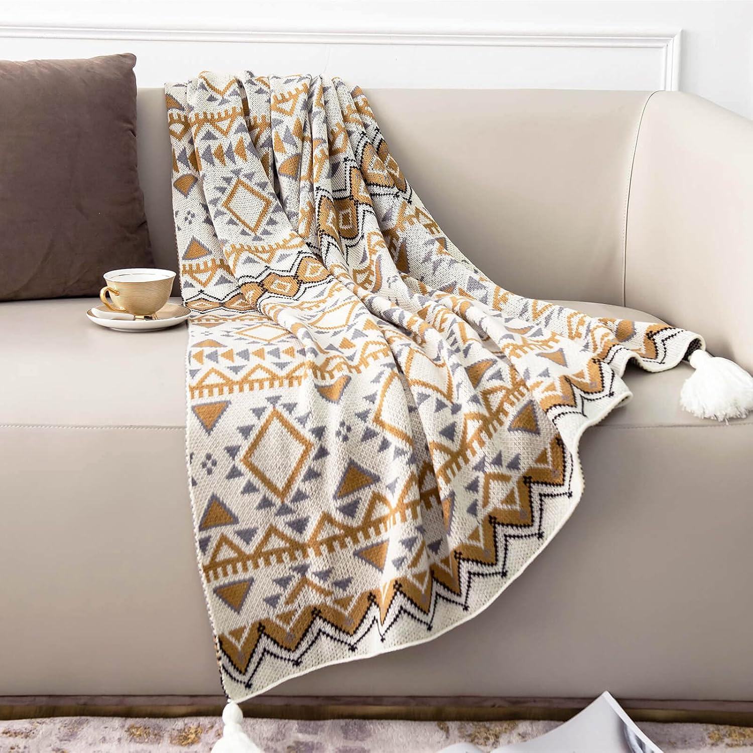 50x60 Brown Knitted Boho Throw