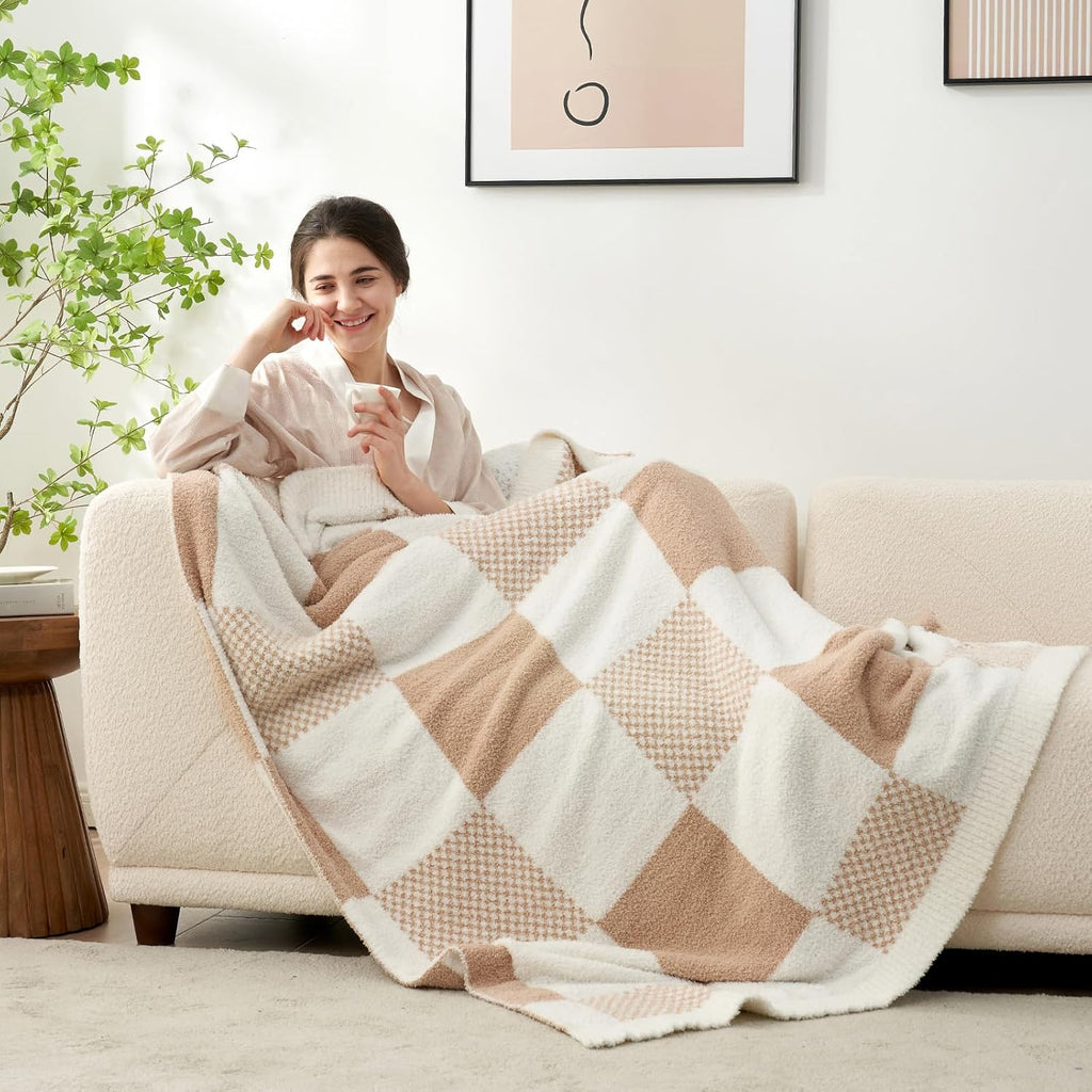 50x60 Beige Plaid Soft Throw Blanket