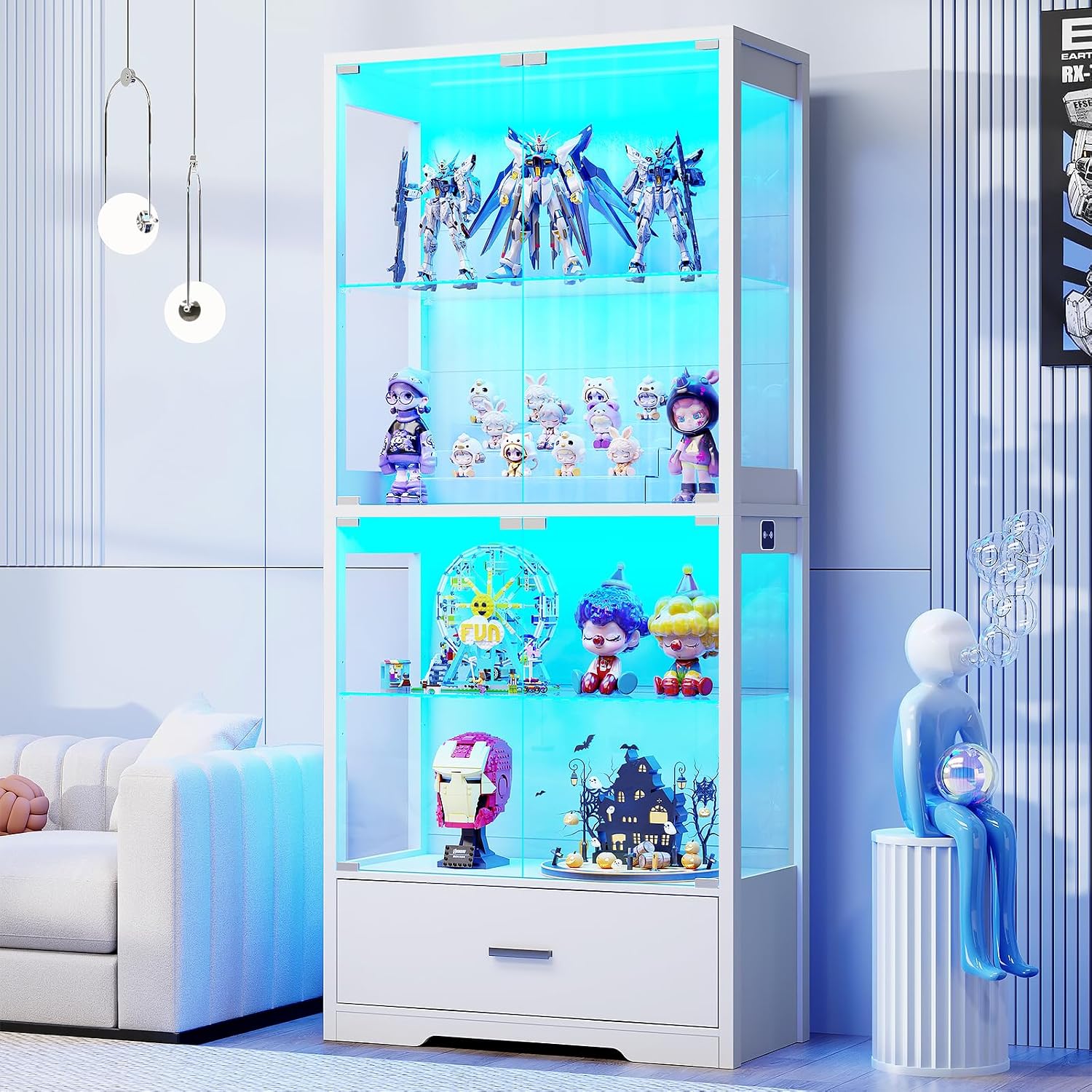 4-Tier White LED Glass Display Cabinet with Drawer