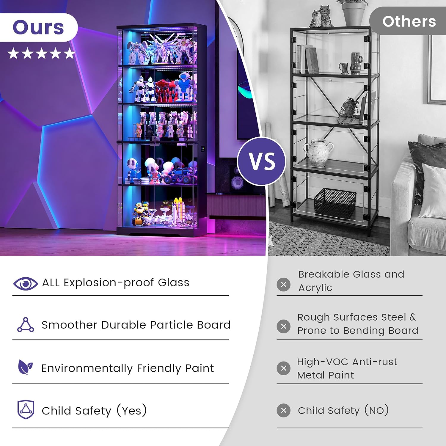 69" Black RGB Lockable Glass Display Cabinet